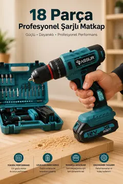 Yüksek Performanslı Şarjlı Matkap Seti Güçlü Motor Uzun Pil Ömrü ve 18 Parça Aksesuarlı