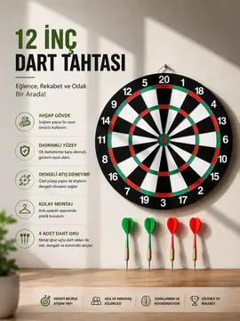 12 İnç Ahşap Dart Tahtası 4 Adet Metal Uçlu Dart Oku Dahil