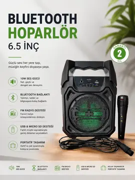 Bluetooth Hoparlör Mikrofonlu Taşınabilir Ses Sistemi FM Radyo USB SD Kart ve TWS Özellikli