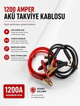 1200 Amper Akü Takviye Kablosu 2 Metre Bakır Uçlu