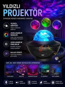 Galaxy Efektli LED Gece Lambası Projektörü Bluetooth Bağlantılı