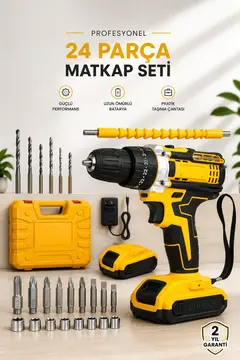 24 Parça Çift Bataryalı Şarjlı Matkap Seti 24W Motor ve Otomatik Mil Kilitli Tasarım
