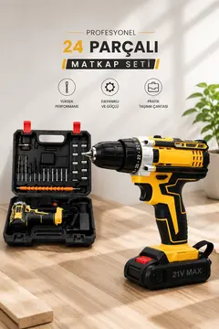 Metal Dişli 24W Akülü Matkap -Çift Bataryalı ve LED Çalışma Işığı ile Tam Set