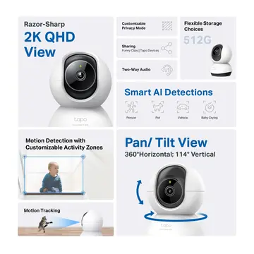 TP-LINK Tapo TC72 (C220) 2K QHD 40Mpix İç Mekan WiFi 9Mt. Gece Görüşü 360 Dönüş İki Yönlü Ses Güvenlik Yapay Zeka Destekli Kamera(1923)