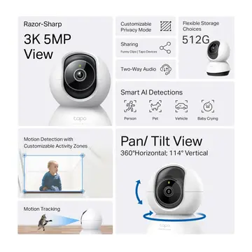 TP-LINK Tapo TC74 (C230) 3K 50Mpix İç Mekan WiFi 12Mt. Gece Görüşü 360 Dönüş İki Yönlü Ses Güvenlik Yapay Zeka Destekli Kamera(1923)