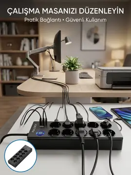 Akım Korumalı 10'lu Çoklu Priz USB-A ve Type-C Şarj Çıkışlı