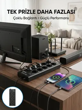 10 Prizli USB Destekli Çoklu Priz Type-C Şarj Girişli Güvenli Güç Ünitesi