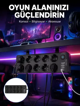 USB ve Type-C Çıkışlı 10'lu Akım Korumalı Çoklu Priz Güç Dağıtıcı