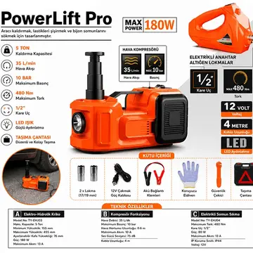 EZERE PowerLift Pro 5 Ton Çok Fonksiyonlu Elektrikli Hidrolik Kriko Lift Kaldırma / Kompresör / Bijon Sökme / LED Işık