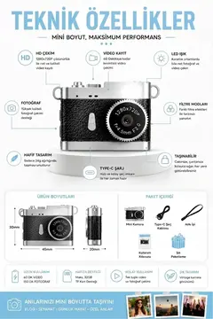 Ezere PixCam Vintage Taşınabilir Mini Dijital Kamera Selfie Video Vlog Kamerası Mini Anahtarlık 1080P