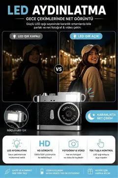 Ezere PixCam Vintage Taşınabilir Mini Dijital Kamera Selfie Video Vlog Kamerası Mini Anahtarlık 1080P