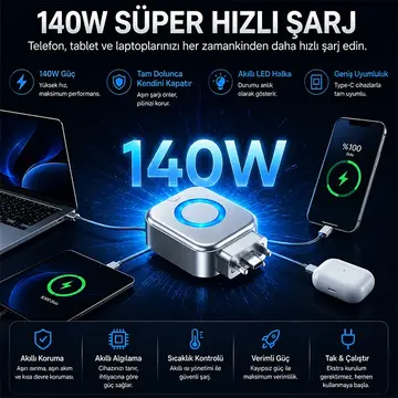 ALLY HyperCharge 140W AI Akıllı Şarj Kesici Adaptör – Şarj Dolunca Otomatik Kapanan Batarya Koruyucu