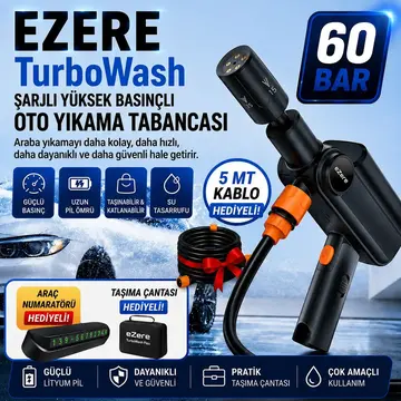 EZERE TurboWash Şarjlı 60 Bar Yüksek Basınçlı Oto Araba Bahçe Yıkama ve Temizleme Tabancası Makinesi