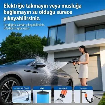 EZERE TurboWash Şarjlı 60 Bar Yüksek Basınçlı Oto Araba Bahçe Yıkama ve Temizleme Tabancası Makinesi