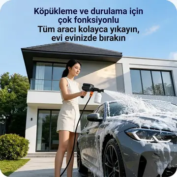 EZERE TurboWash Şarjlı 60 Bar Yüksek Basınçlı Oto Araba Bahçe Yıkama ve Temizleme Tabancası Makinesi