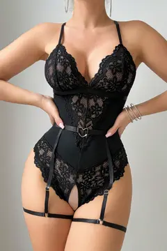 Kadın Siyah Dantel Jartiyerli Bodysuit Gecelik - Kemer Detaylı H110422