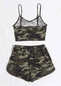 Kadın Kamuflaj Desenli Askılı Crop Top ve Şortlu Gecelik Takım H110440