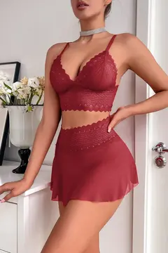 Kadın Bordo Dantel ve Tül Detaylı Etekli Şık Gecelik Takımı H110441