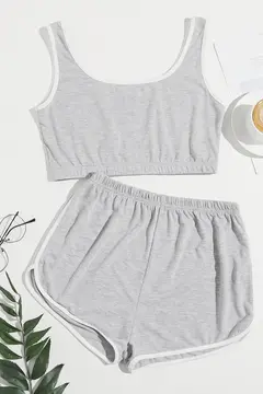 Kadın Gri Askılı Crop Top ve Şortlu Gecelik Takım H110559