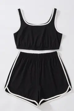 Kadın Siyah Askılı Crop Top ve Şortlu Gecelik Takım H110560