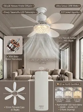Crystal Aura 52 cm Ultra Sessiz LED Tavan Vantilatörü | 3 Kademeli Bakır Motor | Kumandalı Kristal Avize Vantilatör