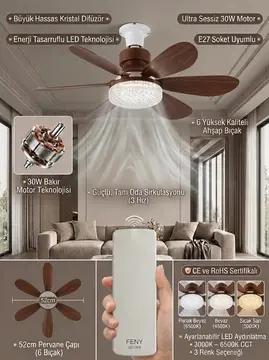 Crystal Aura 52 cm Ultra Sessiz Ahşap Renk LED Tavan Vantilatörü | 3 Kademeli Bakır Motor | Kumandalı Kristal Avize Vantilatör