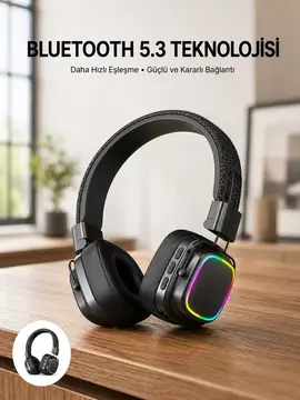 Renkli Işık Efektli Bluetooth 5.3 Müzik Kulaklığı Yeni Nesil