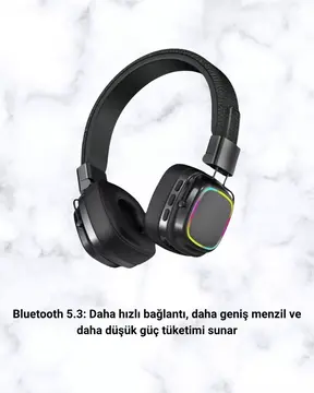 Bluetooth 5.3 Rainbow Işıklı Kulak Üstü Kablosuz Kulaklık Yeni Nesil
