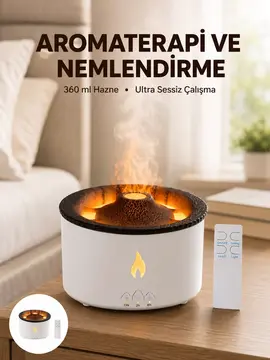 Alev Efektli Aromaterapi Difüzörü – 360 ml Su Hazneli Sessiz ve Zaman Ayarlı Yeni Nesil