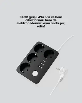 3 USB Çıkışlı 4’lü Akıllı Priz 2500W 2 Metre Kablo