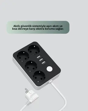 3 USB Çıkışlı 4’lü Akıllı Priz 2500W 2 Metre Kablo
