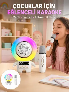 Renkli Işıklı Astronot Mini Bluetooth Speaker ve Karaoke Mikrofon