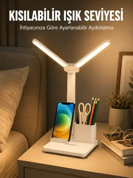 Kısılabilir LED Masa Lambası – Kalemlik Telefon Standı ve Okuma Işığı Bir Arada Yeni Nesil