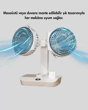 720° Döner Çift Taraflı Masaüstü Vantilatör – USB Şarjlı Sessiz Fan