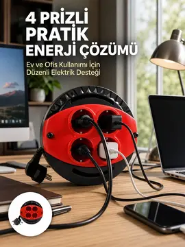 3 Metre Uzatma Kablolu 4 Prizli Makara Kırmızı