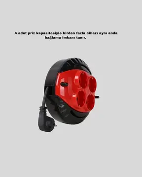 3 Metre Uzatma Kablolu 4 Prizli Makara Kırmızı