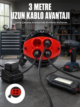 3 Metre Kablolu 4’lü Kırmızı Priz Makara