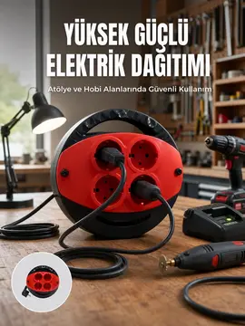 5 Metre Uzatma Kablolu 4 Prizli Makara Kırmızı