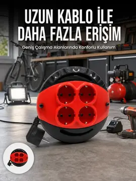 5 Metre Kablolu 4’lü Kırmızı Priz Makara