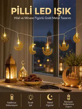 Pilli Minareli Hilal LED Işık Gold Metal Ramazan Dekorasyonu