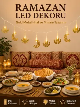 Minareli Hilal LED Işık Gold Metal Gövdeli Pilli Ramazan Dekoru