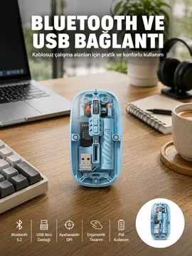 Bluetooth 5.2 Destekli Mavi Pilli Kablosuz Mouse Yeni Nesil