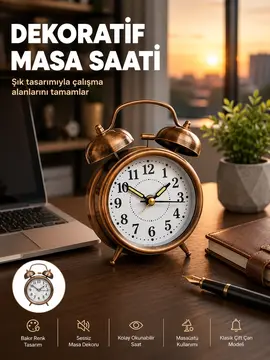 Retro Tarz Bronz Dekoratif Masa Saati Metal Gövde Yüksek Sesli Alarm