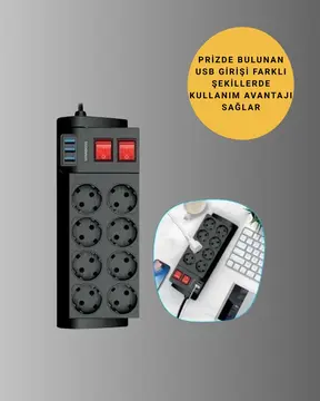 2 Metre Güçlü Çoklu Priz 8 Soket Yeni Nesil