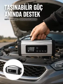Dijital Göstergeli Akü Takviye Cihazı Lastik Şişirme Powerbank ve LED Işık Özellikli Yeni Nesil