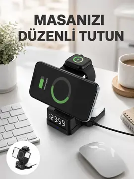 Kablosuz Şarjlı Dijital Masa Saati – 3 Parlaklık Seviyeli LED Hızlı Şarj Apple Uyumlu Yeni Nesil