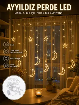 Yıldız ve Ay Figürlü Prizli Perde LED Işık Romantik Ortam Aydınlatması Yeni Nesil