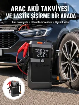 Araç İçin 4 Fonksiyonlu Akü Takviye ve Lastik Şişirme Cihazı Yeni Nesil