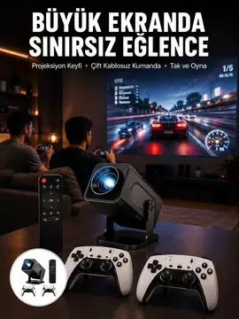 Çift Kollu Game Box Projeksiyon Cihazı Kumandalı Android Tv Dahili Hoparlör Yeni Nesil
