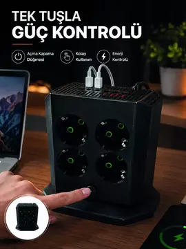 Akım Korumalı 8'li Dikey Priz 4 USB 2 Type-C Hızlı Şarj Destekli Çoklu Priz